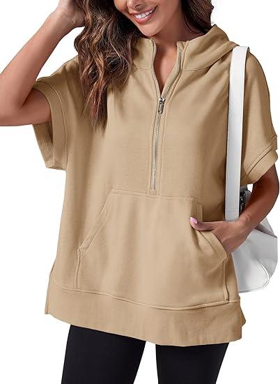 Lavinque Tops Kaki / S Sweat à Capuche Zippé | Confort & Décontracté | Manches Courtes