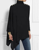 Lavinque Tops Noir / S Poncho Asymétrique à Col Roulé | Élégant & Confortable | Détails Boutons aux Épaules