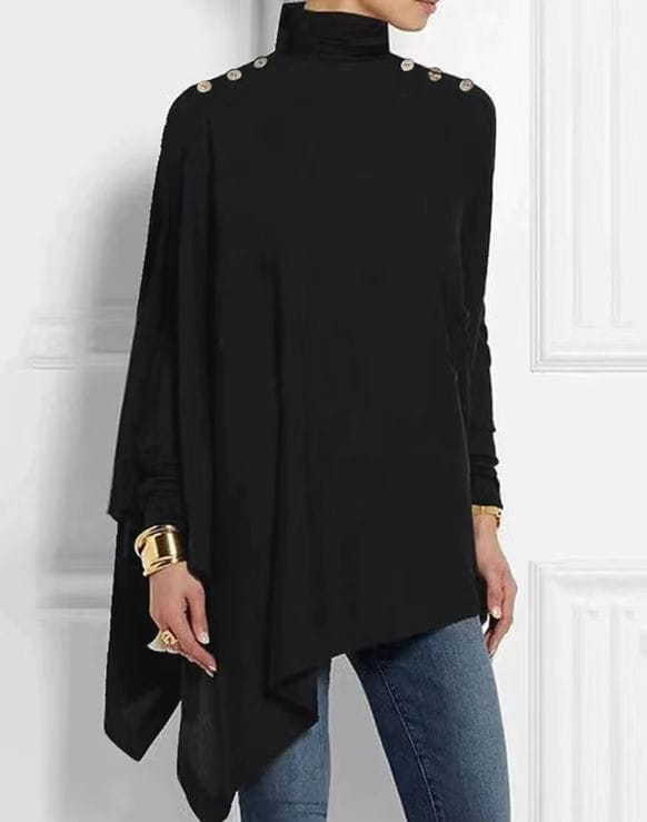 Lavinque Tops Noir / S Poncho Asymétrique à Col Roulé | Élégant & Confortable | Détails Boutons aux Épaules