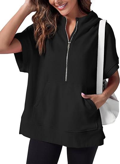 Lavinque Tops Noir / S Sweat à Capuche Zippé | Confort & Décontracté | Manches Courtes