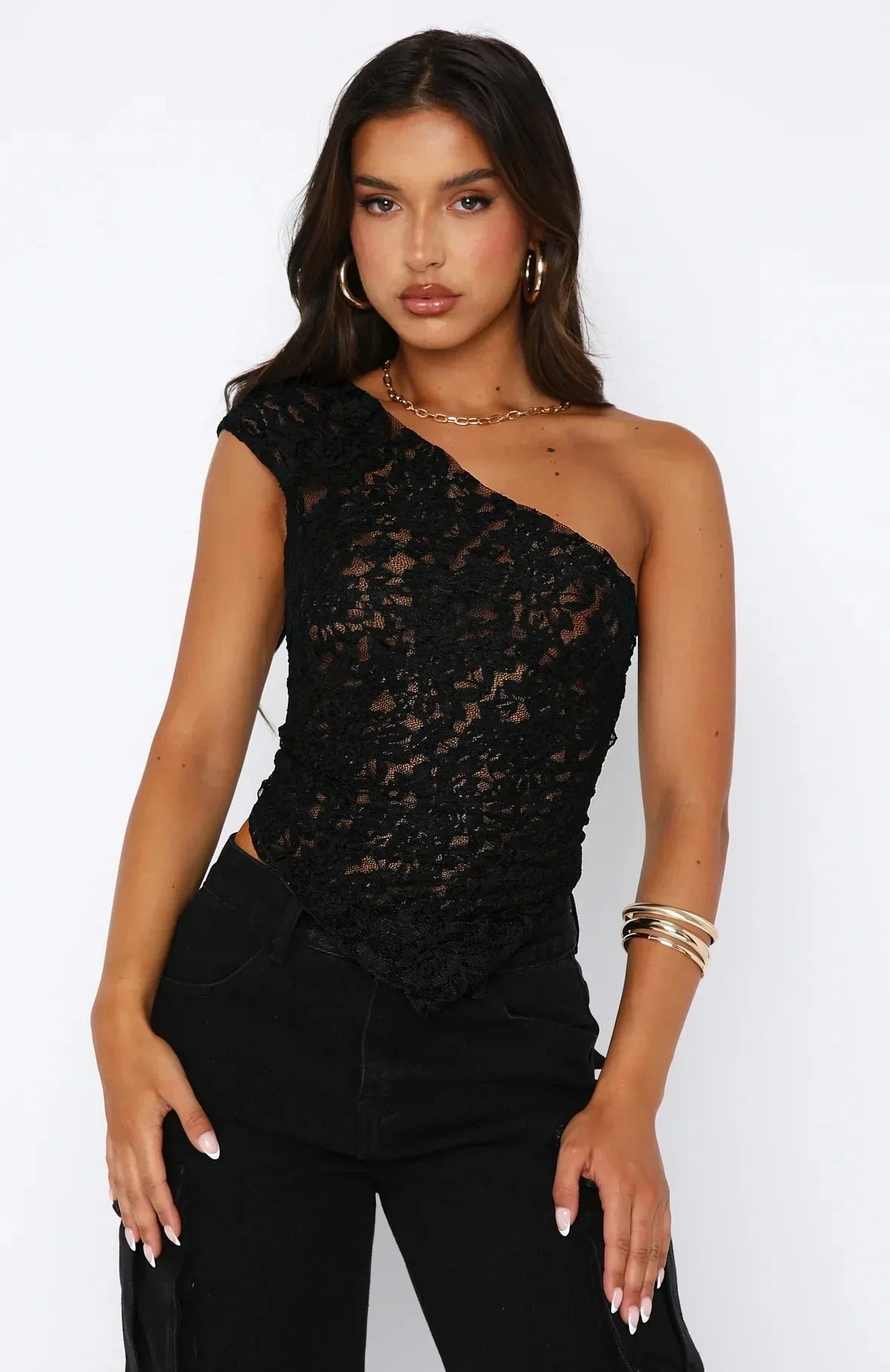Lavinque Tops Noir / S Top Asymétrique Dentelle Jaune | Une Épaule | Chic & Estival