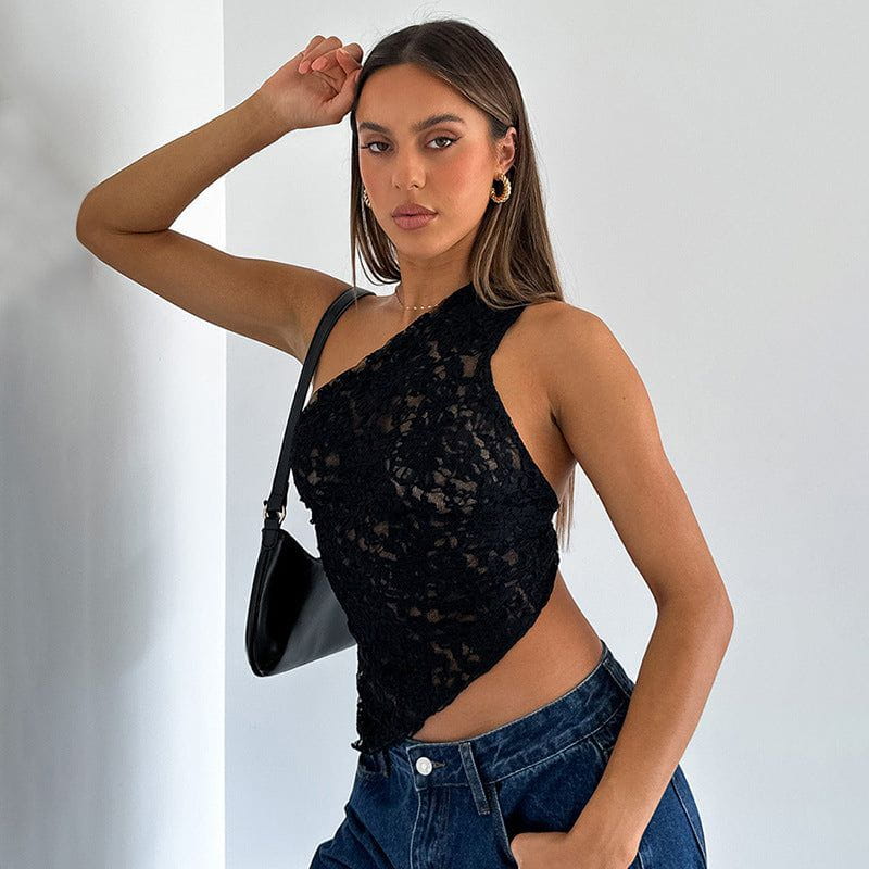 Lavinque Tops Noir / S Top Asymétrique en Dentelle | Dos Nu | Élégant et Tendance