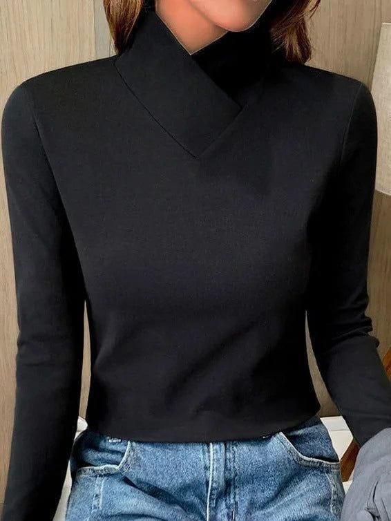 Lavinque Tops Noir / XS Haut Col Asymétrique | Coton & Élasthanne | Élégant et Moderne