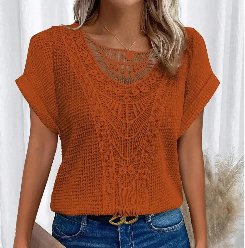 Lavinque Tops Orange rouge / S Top en Tricot | Dentelle Délicate | Élégance Bohème