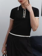 Lavinque Tops Polo Ajusté Blanc à Détails Noirs | Zippé & Chic | Élégance Moderne