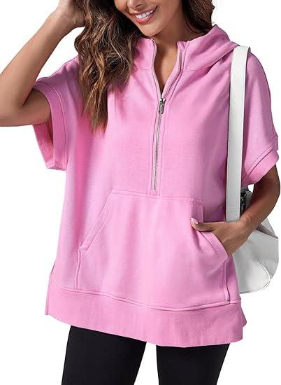 Lavinque Tops Rose / S Sweat à Capuche Zippé | Confort & Décontracté | Manches Courtes