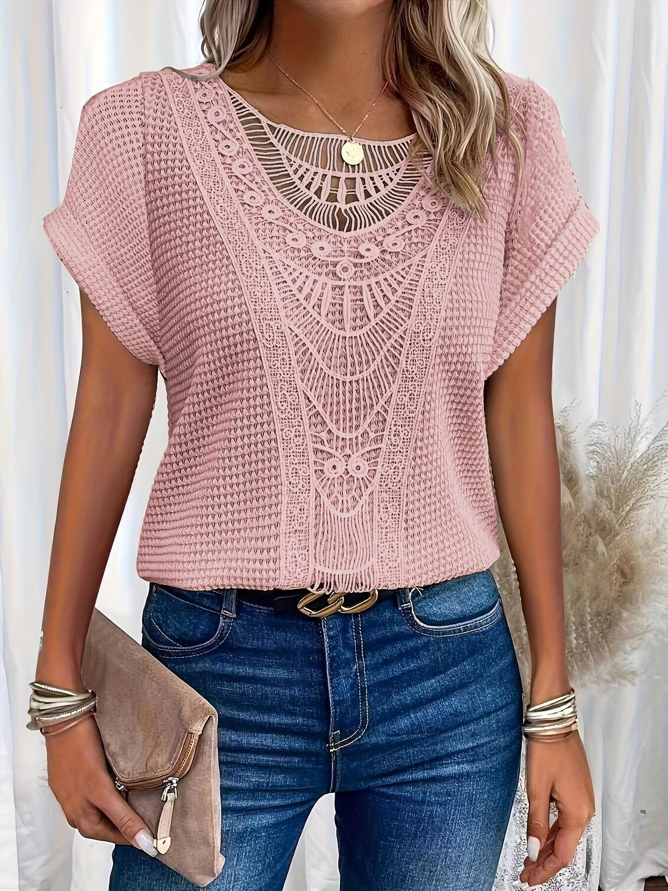 Lavinque Tops Rose / S Top en Tricot | Dentelle Délicate | Élégance Bohème
