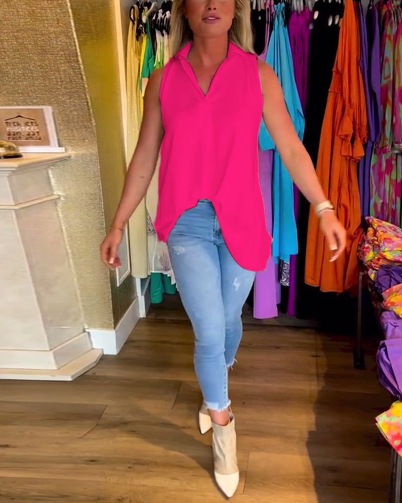 Lavinque Tops Rose / XS Top Sans Manches Femme | Fluide & Chic | Col Chemise