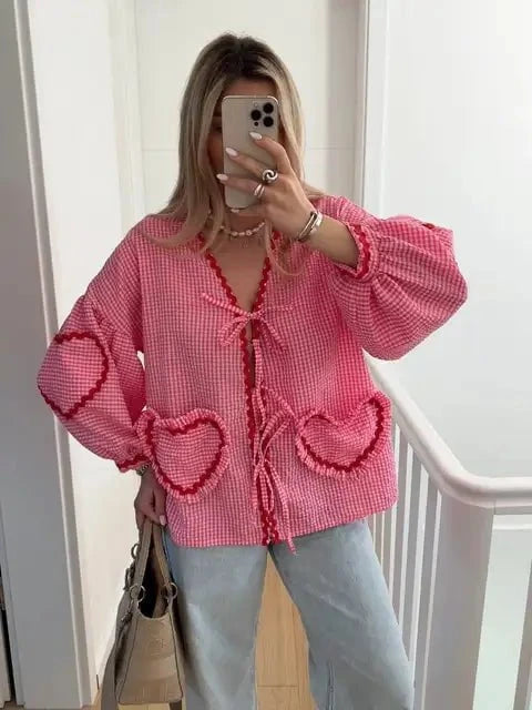 Lavinque Tops Rouge/Rose / XS Blouse Femme | Romantique & Bohème | Détails Vintage
