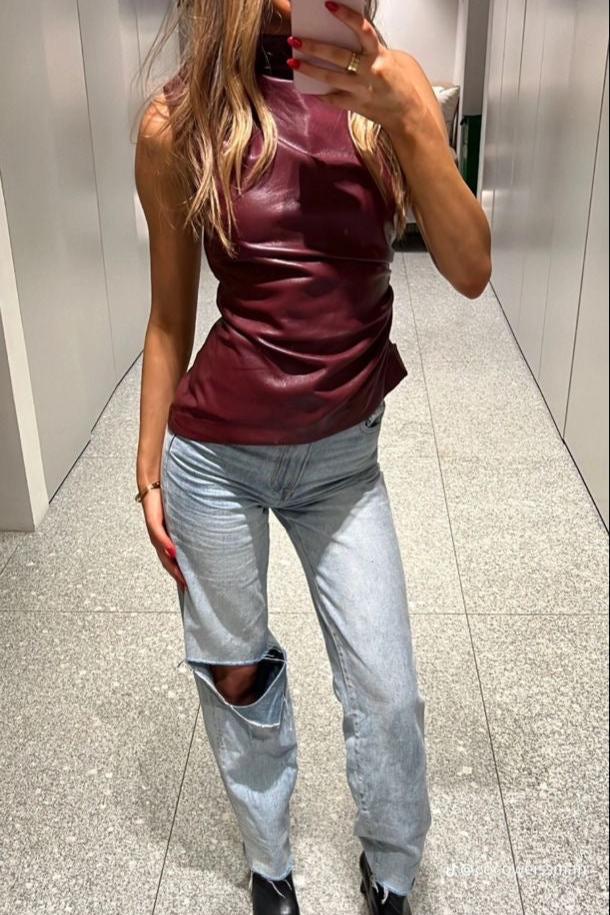 Lavinque Tops Rouge / S Top Sans Manches Effet Cuir | Bordeaux | Chic & Audacieux