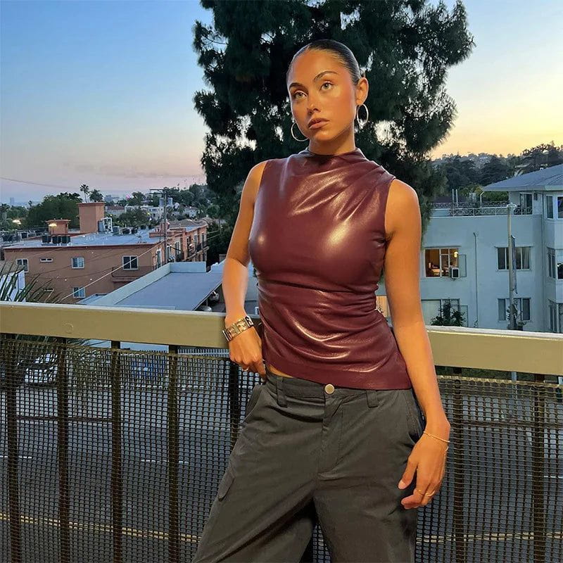Lavinque Tops Top Sans Manches Effet Cuir | Bordeaux | Chic & Audacieux