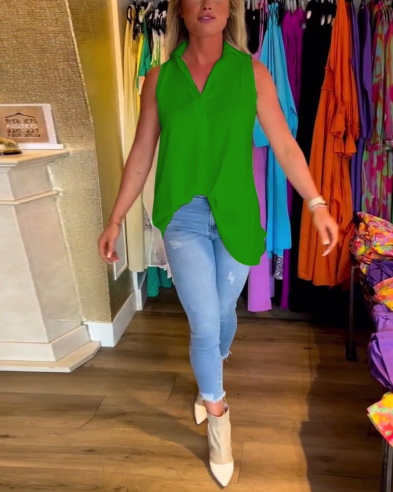 Lavinque Tops Vert / XS Top Sans Manches Femme | Fluide & Chic | Col Chemise