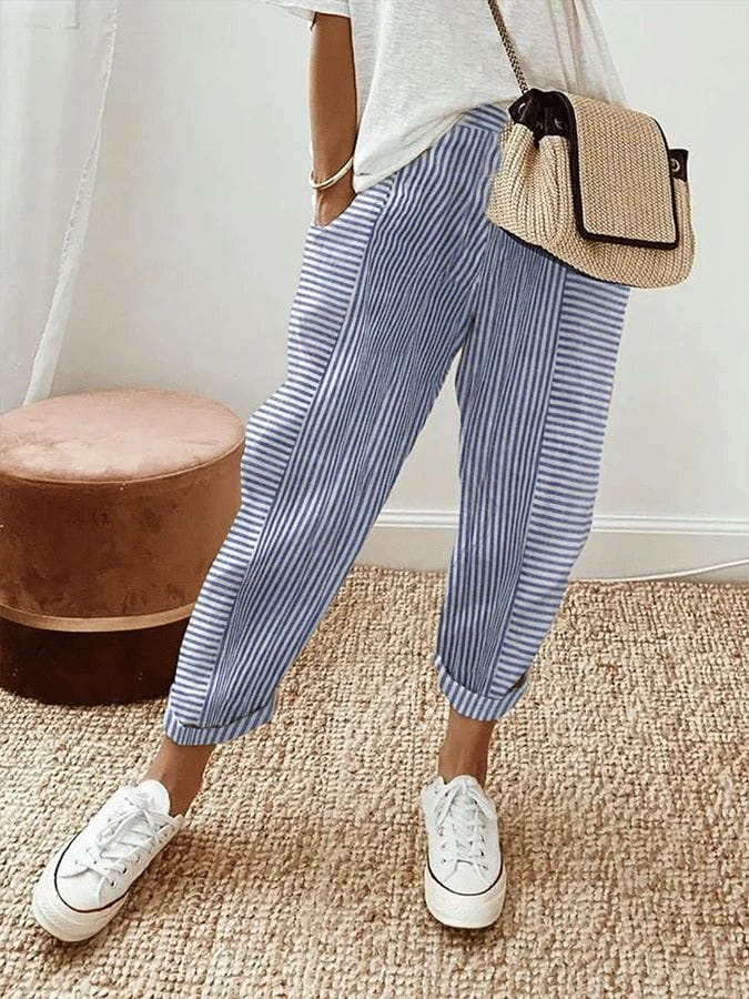Lavinque Trousers Bleu / XS Pantalon Décontracté à Rayures | Coton Léger | Casual et Confortable