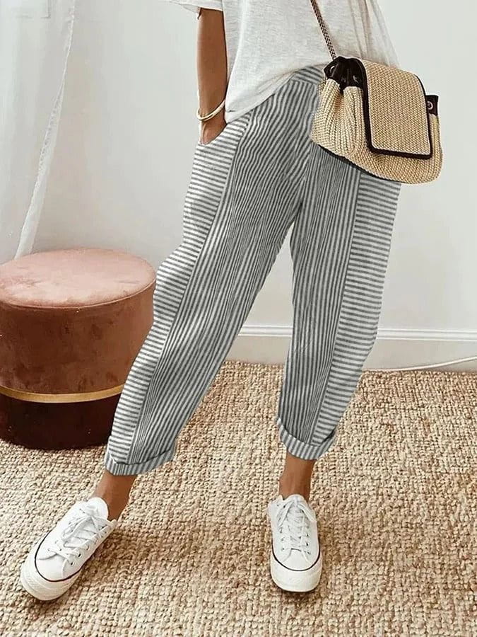 Lavinque Trousers Gris Clair / XS Pantalon Décontracté à Rayures | Coton Léger | Casual et Confortable