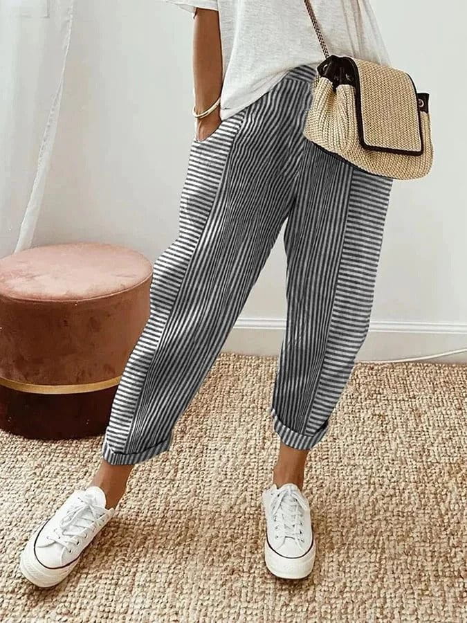 Lavinque Trousers Noir / XS Pantalon Décontracté à Rayures | Coton Léger | Casual et Confortable