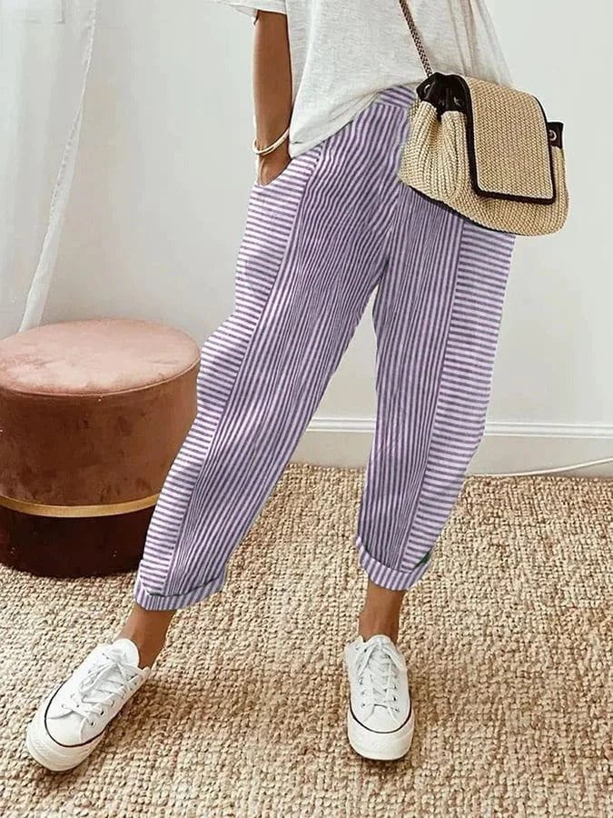 Lavinque Trousers Pourpre / XS Pantalon Décontracté à Rayures | Coton Léger | Casual et Confortable