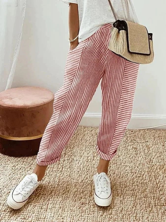 Lavinque Trousers Rouge / XS Pantalon Décontracté à Rayures | Coton Léger | Casual et Confortable