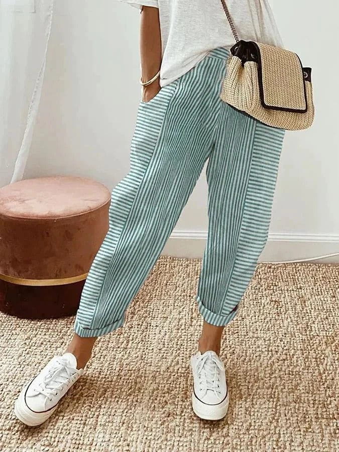 Lavinque Trousers Vert / XS Pantalon Décontracté à Rayures | Coton Léger | Casual et Confortable