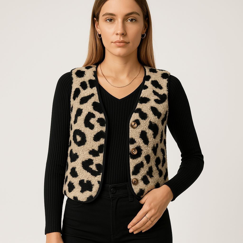 Lavinque Vest Beige/Noir Léopard / S Gilet Sans Manches Léopard | Doux & Stylé | Touche Sauvage