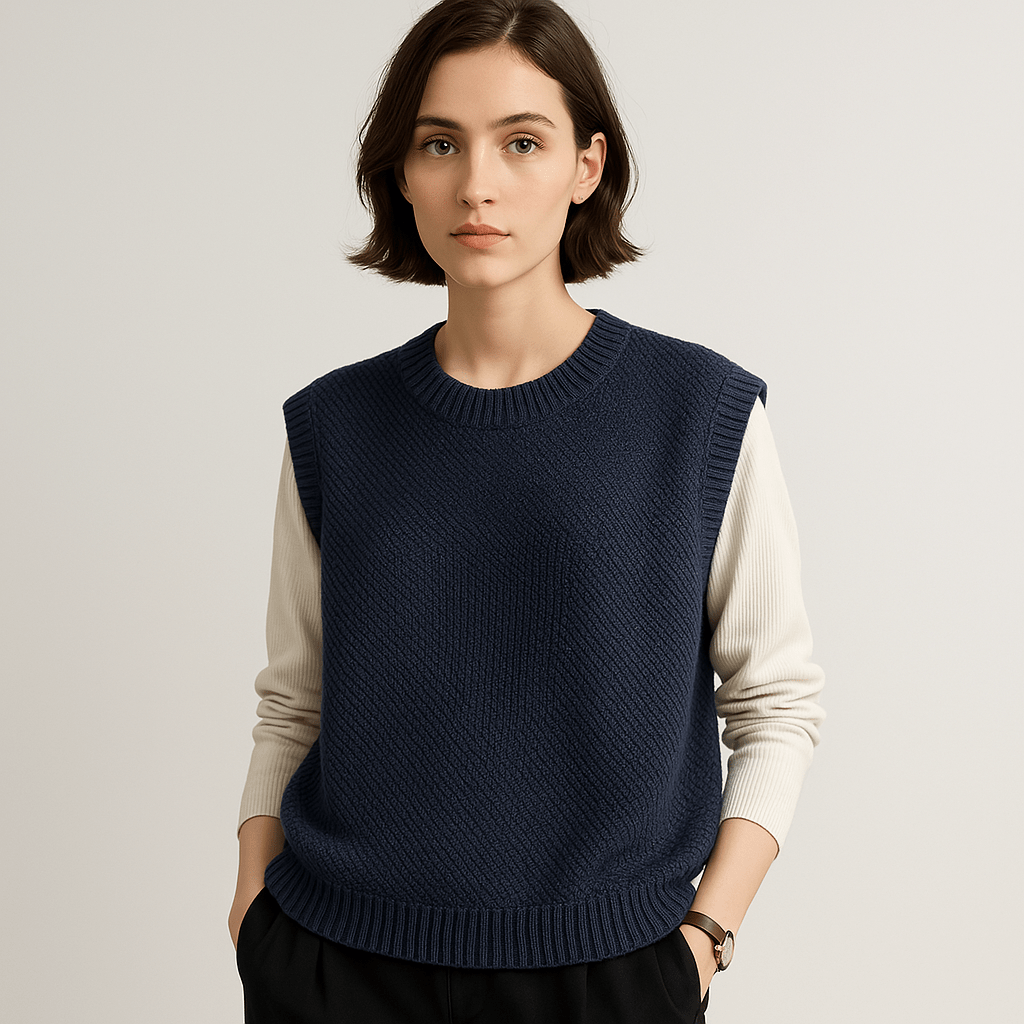 Lavinque Vest Bleu marine / XS Pull Sans Manches Maille Torsadée | Acrylique | Élégance Décontractée