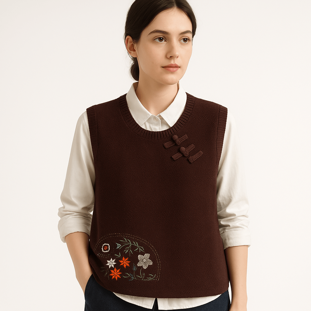 Lavinque Vest Café / XS Gilet Sans Manches Brodé | Style Bohème | Coupe Ample & Détails Noués