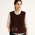 Lavinque Vest Café / XS Gilet Sans Manches Brodé | Style Bohème | Coupe Ample & Détails Noués