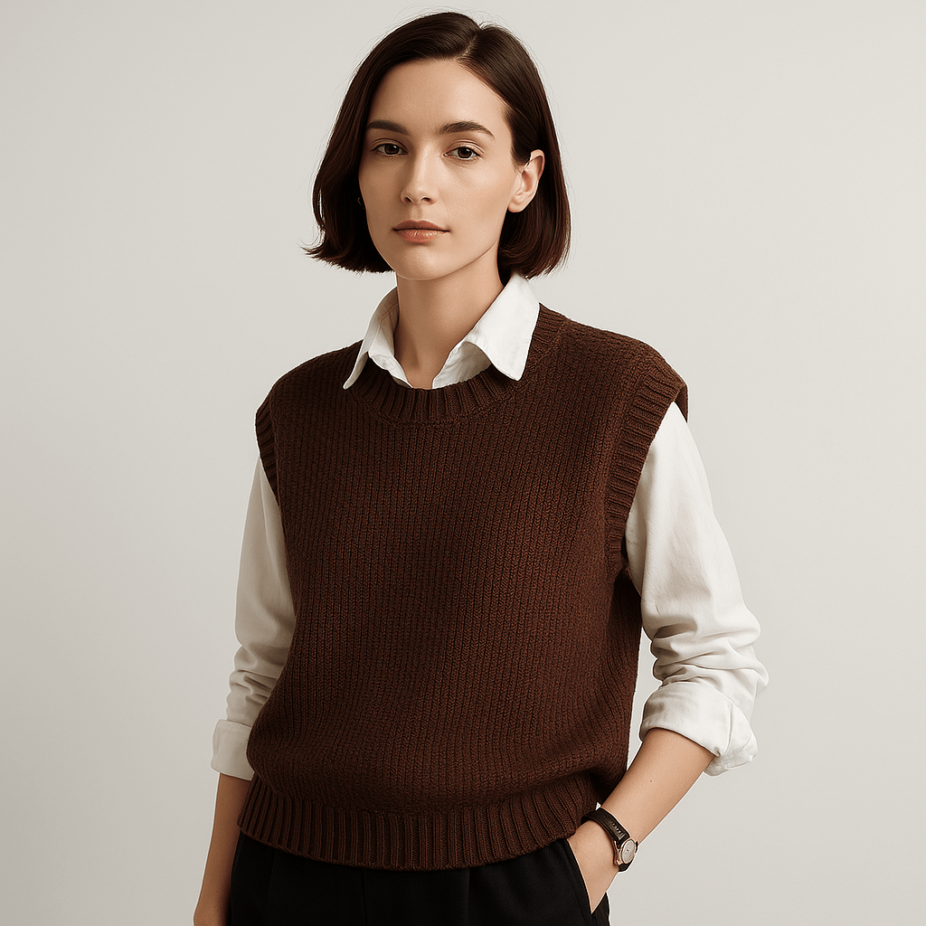 Lavinque Vest Café / XS Pull Sans Manches Maille Torsadée | Acrylique | Élégance Décontractée