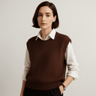 Lavinque Vest Café / XS Pull Sans Manches Maille Torsadée | Acrylique | Élégance Décontractée