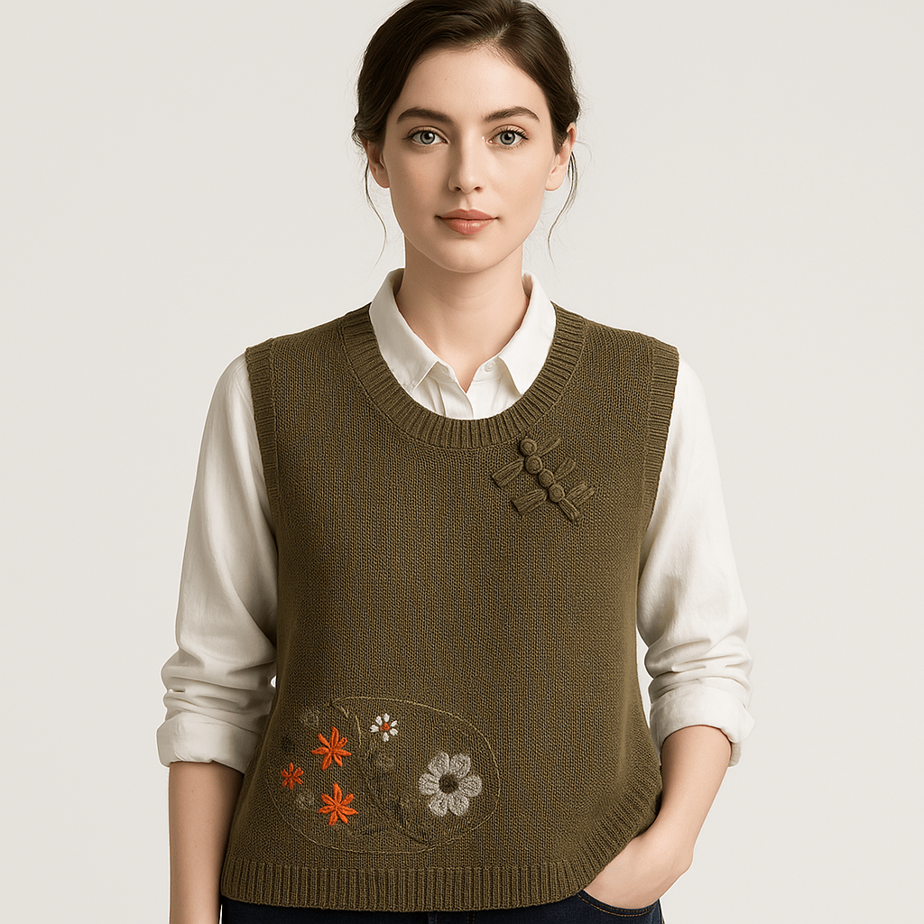 Lavinque Vest Kaki / XS Gilet Sans Manches Brodé | Style Bohème | Coupe Ample & Détails Noués
