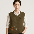 Lavinque Vest Kaki / XS Gilet Sans Manches Brodé | Style Bohème | Coupe Ample & Détails Noués