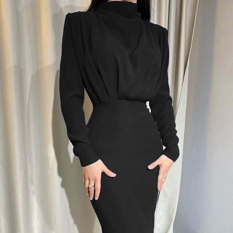 Robe Midi Drapée à Col Montant